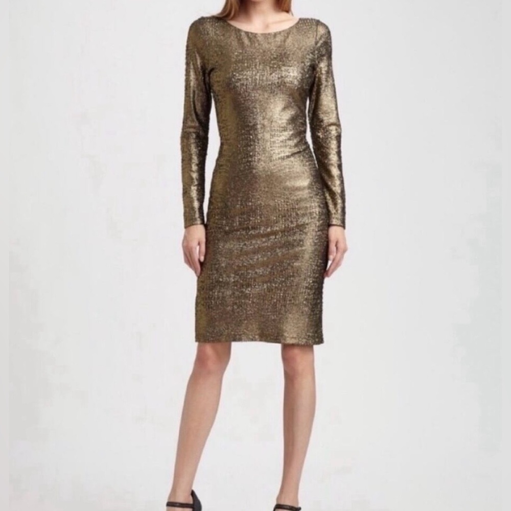 Alice + Olivia Metallic Gold Long Sleeve Bodycon Dress XS Cocktail Party